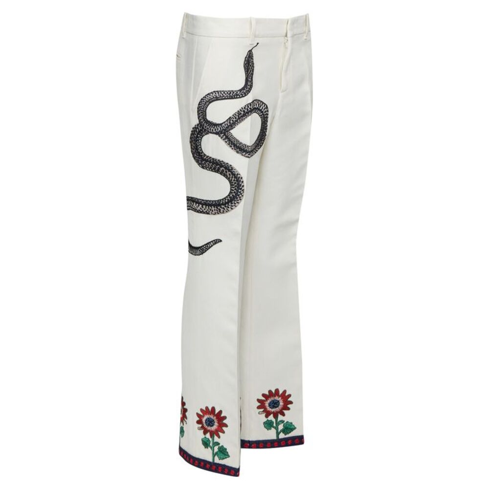 Gucci 2015 Runway Beige Snake Embroidered Trousers